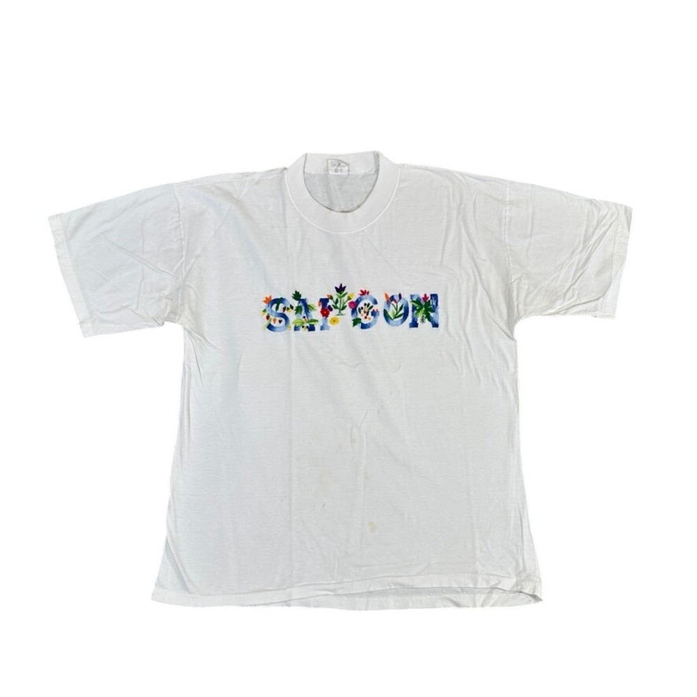 Vintage Saigon Embroidered Floral Graphic White Cotton T-Shirt Size Large